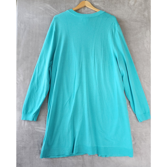Belle Kim Gravel Cardigan Sweater Womens 2X Teal Blue Pockets Long Length Duster - Picture 3 of 6